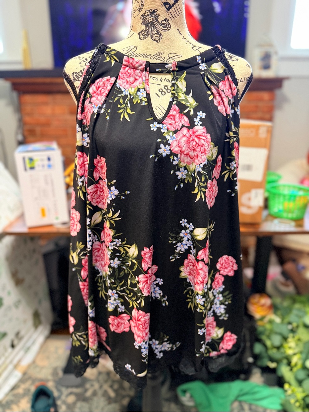 torrid Black Floral Keyhole Halter Tank with Pink Roses and Green Leaves